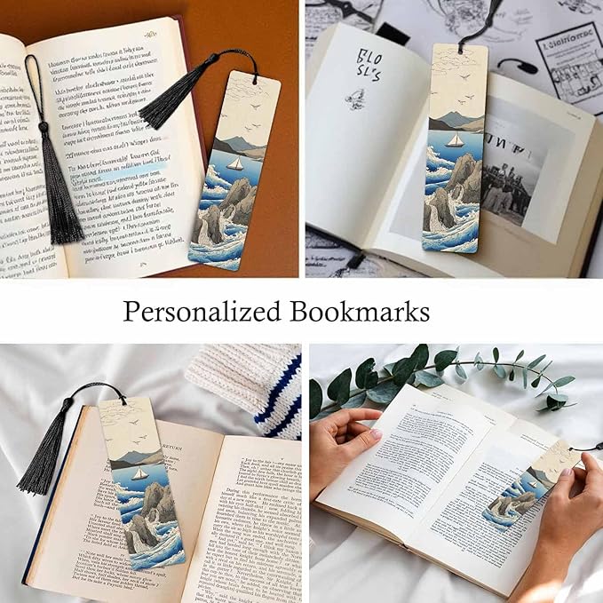 Ocean Waves Bookmarks 5 Pcs with Tassels Rocks Sailboat Seagulls Wooden Bookmarks for Reading Women Students Teacher Reader