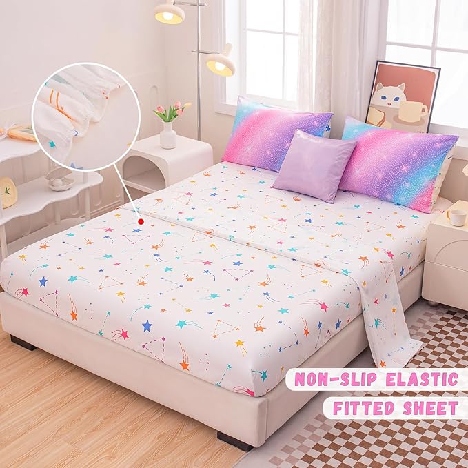 Rainbow Bedding Set Full Size – 6-Piece Reversible Girls Comforter with Deep-Pocket Sheet, Gradient Galaxy Design, Whole-Piece Filling, Machine Washable Bed-in-a-Bag for Kids Room Makeover & Gifts
