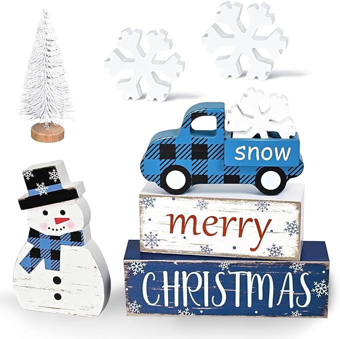 Yinhua Christmas Decorations Indoor, Christmas Table Decor, Blue Truck Snowman Decorations with Xmas Tree & Snowflakes, Farmhouse Wooden Block Sign, Xmas Mantel Decor for Tiered Tray, Desk, Bookshelf