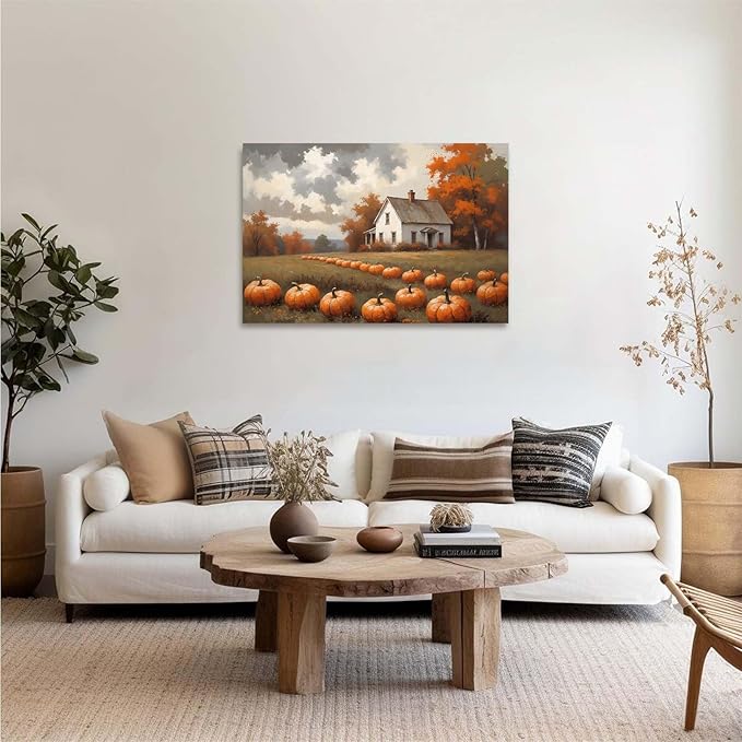 Autumn Pumpkin Patch Print Country Farm Natural Scenery Decorative Painting Suitable for Home Decor Bathroom Bedroom Living Room Decoration28x40in(70x100cm)- Framed