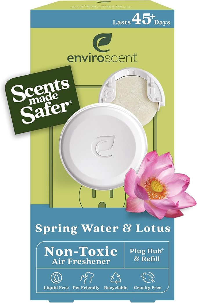 Enviroscent Non Toxic Air Freshener Plug-in Home Fragrance Last 45+ Days | Kit includes 1 Refillable Plug In Warmer & 1 Scent Refill (Spring Water & Lotus)
