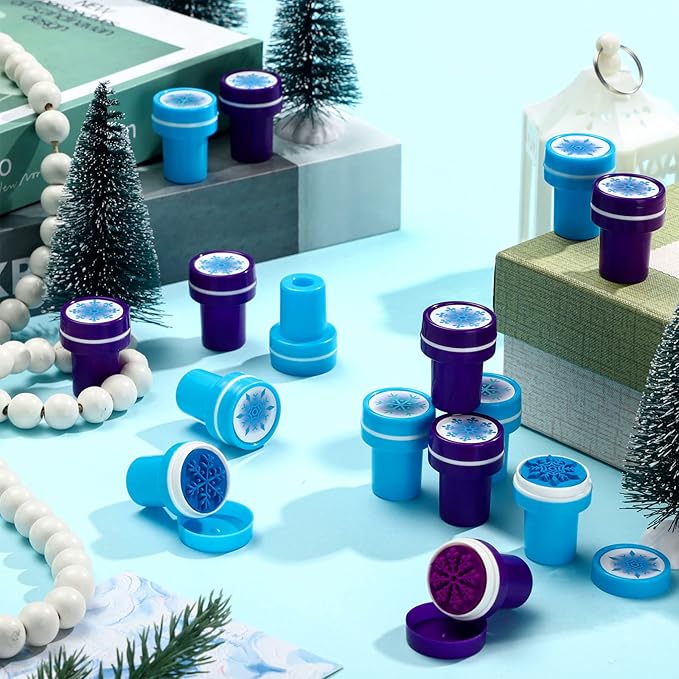 Skylety 60 Pieces Winter Snowflake Stamps for Kids Self Ink Assorted Plastic Snowflake Hand Stampers for Card Making Holiday Winter Wonderland Birthday Party Decorations Supplies(Blue, Purple)