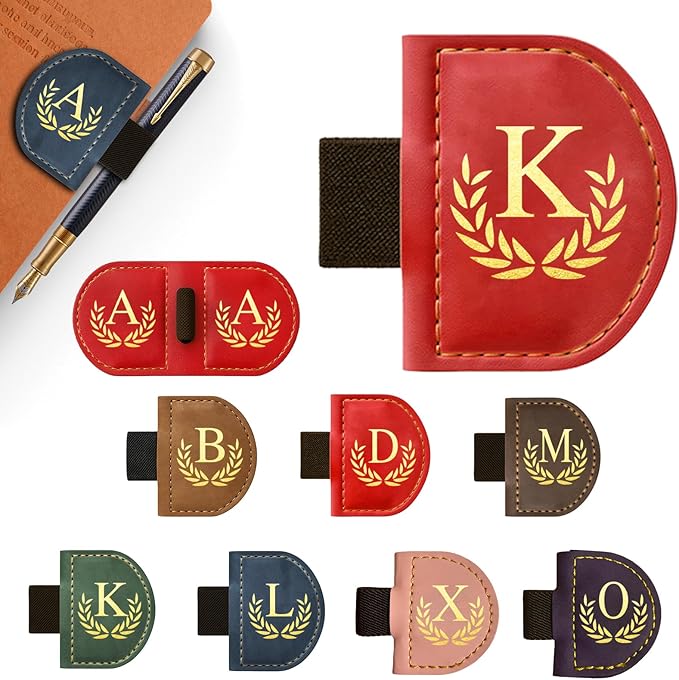 Personalized Leather Magnetic Bookmark with Pen Holder, Custom Bygone Mark Bookmark with Pen Holder, Custom Bookmarks with 26 Letters for Reading Women, Men, Teachers, Book Lovers（Red，K）