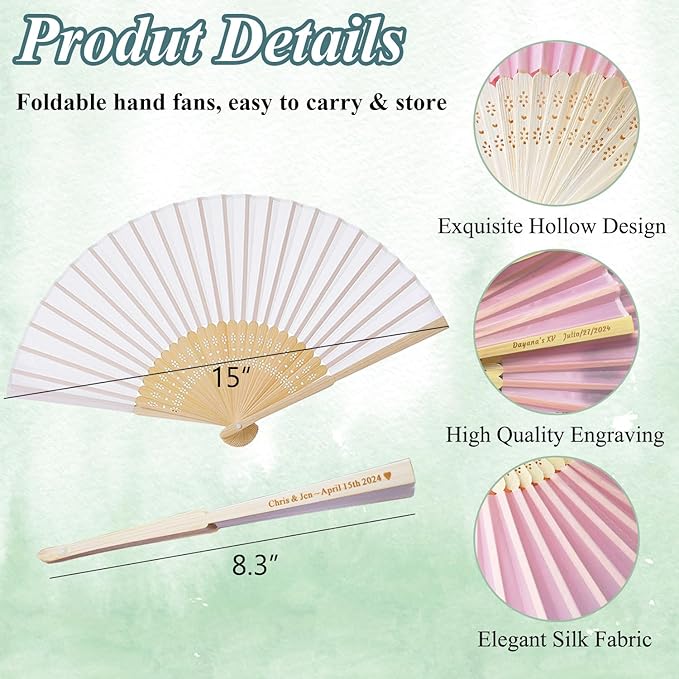 150 Pcs Personalized Pink Wedding Folding Fans for Guests, Custom Engraved Summer Wedding Fans, Folded Hand Fans for Wedding Favors, Vintage Silk Handheld Fans for Bridal Shower Decorations