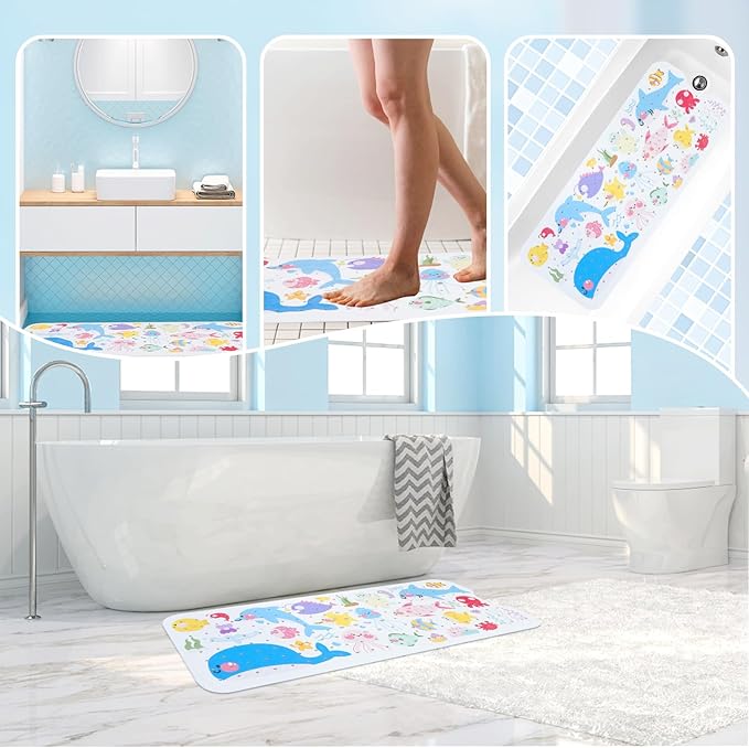 Baby Bath Mat for Tub Non Slip Kids Bathtub Mat Extra Long 40X16 Inch Toddler Bath Tub Shower Mat Anti Slip with Suction Cups & Drain Holes, Machine Washable (Sea Fish)