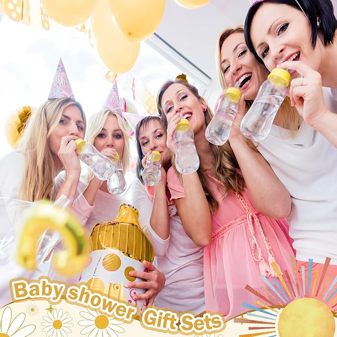 TrelaCo Cool Baby Shower Games Bottle Chug Sign and 12 Pcs Baby Bottle Shower Favor Bottles for Gender Reveal Games (Yellow, Here Comes the Son)