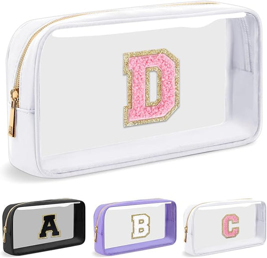 Personalized Initial Letter Clear Makeup Bag,Preppy Small Nylon&PVC Cosmetic Zipper Bag with Chenille Letter,Travel Skincare Toiletry Bag,Monogram Christmas Gift for Teen Girls Women,D