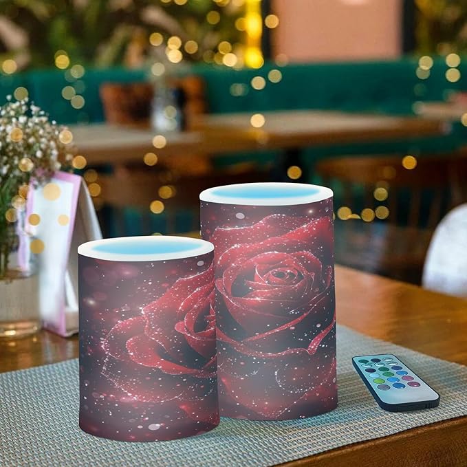ALAZA Red Glitter Rose Floral Flowers Flickering Flameless Candles Battery Operated with Remote Timer,Tea Light Candles LED Pillar Votive Candles Set of 2 for Outdoor Indoor Decorations