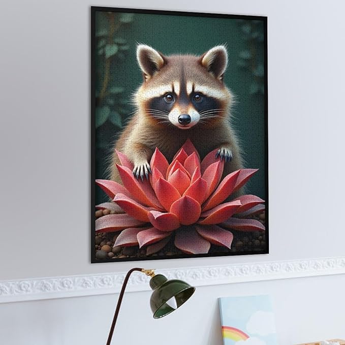 Puzzles for Adults 1000 Pieces Wooden Jigsaw Puzzle - Succulent & Cute Raccoon Theme Puzzle，Party Games，Family Toys，Educational Puzzles，Stress Relief Wooden Puzzle，Gifts for Family and Friends