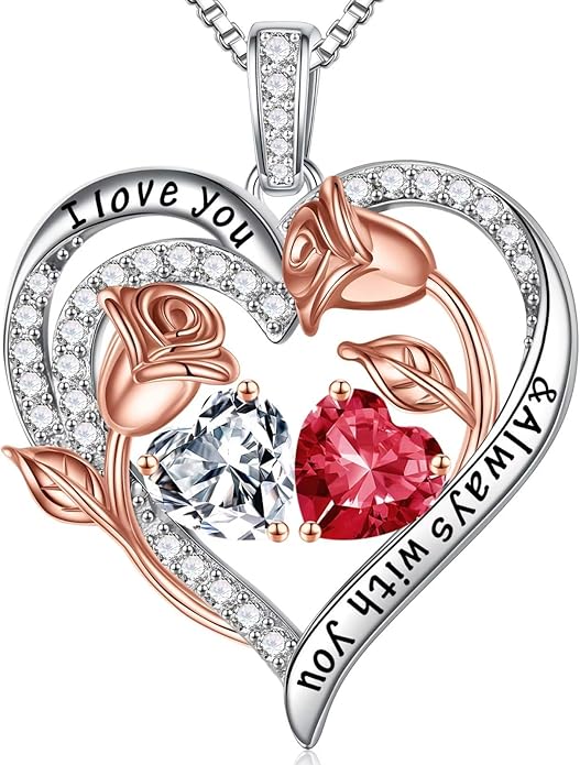 Iefil Valentines Day Gifts for Her - 925 Sterling Silver Rose Heart Birthstone Necklace Birthday Anniversary Jewelry Gifts for Her Wife Mom Daughter