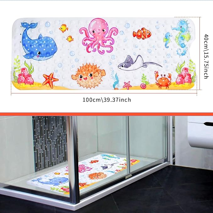 Bath Mat for Tub Non Slip, Machine Washable Anti Slip Cartoon Baby Bathtub Shower Mat with Drain Holes and Suction Cups for Toddler & Kids, 40 Inch x 16 Inch-Rectangular, Pink Octopus