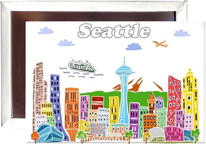 City Themed Artwork Magnet Collection by Beary Blu - Designed in The USA, Collectible Souvenirs Gifts 2.5" x 3.5" (Seattle)