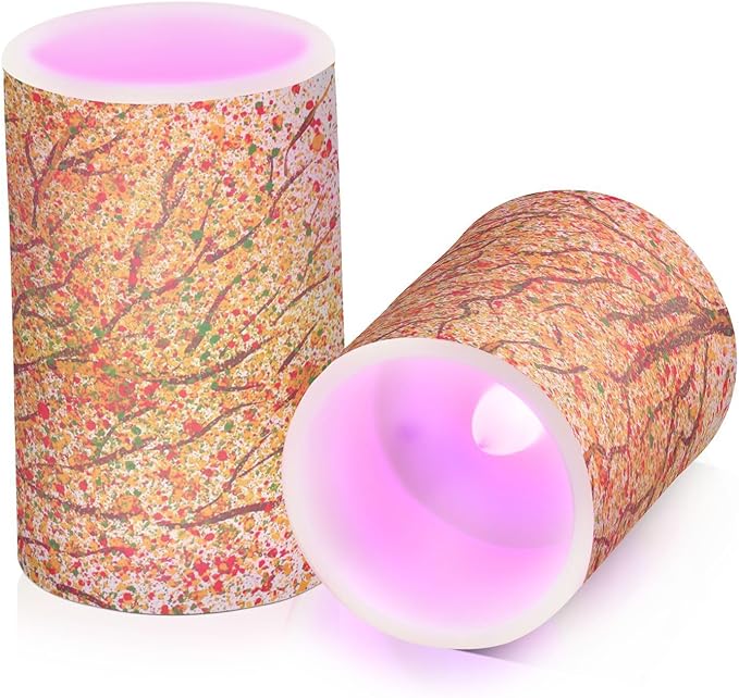 ALAZA Autumn Fall Tree Flickering Flameless Candles Battery Operated with Remote Timer,Tea Light Candles LED Pillar Votive Candles Set of 2 for Outdoor Indoor Decorations