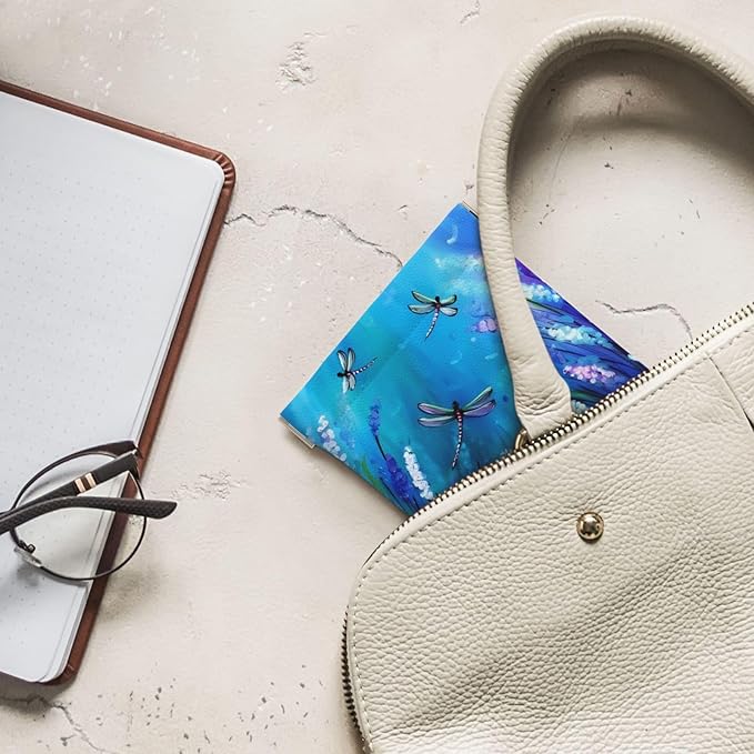 Coin Purse Purple flowers and cute dragonfly Leather Squeeze Coin Purse Mini Pouch Change Wallet Bag Gifts for Women Kids Girls Key Holder