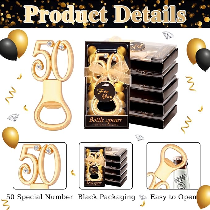 TEADZ 24PCS Gold Zinc Alloy Bottle Opener for 50th Birthday Party Favors & Decorations