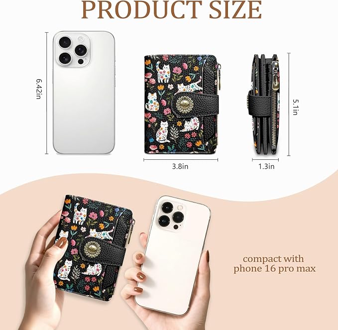 Flowers Cat Wallet Women Small RFID Blocking Bifold, Cute Credit Card Holder, Zipper Coin Pocket, PU Leather, Compact, Travel, 4 ID Window, 14 Card Slots, Cash Purse, Ladies Woman Female Girls
