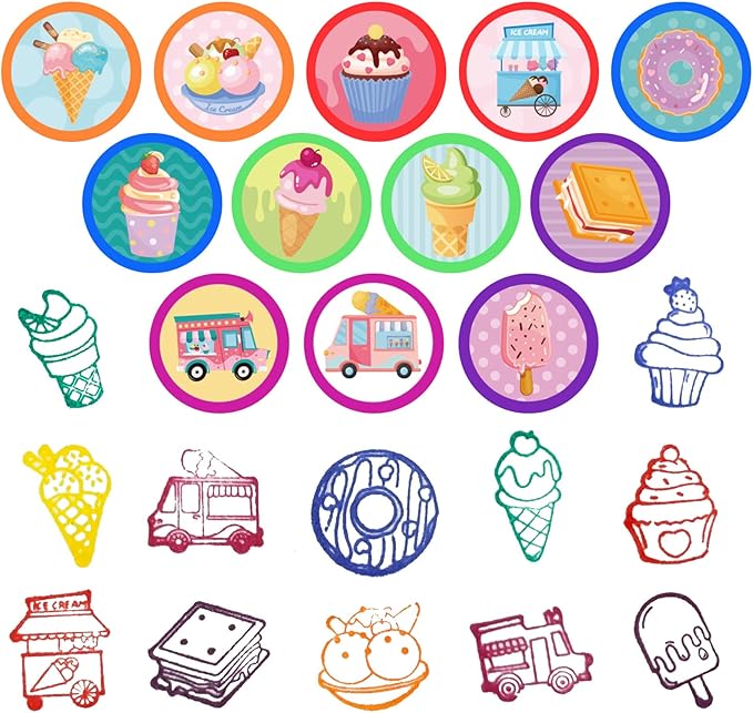 Cinrobiye 24 Pcs Ice Cream Stampers, Candy Donut Party Favors Sweet Themed Birthday Supplies Pre-Inked Classroom Prizes Treat Bag Fillers for Girls Boys Fiesta Pinata Gifts