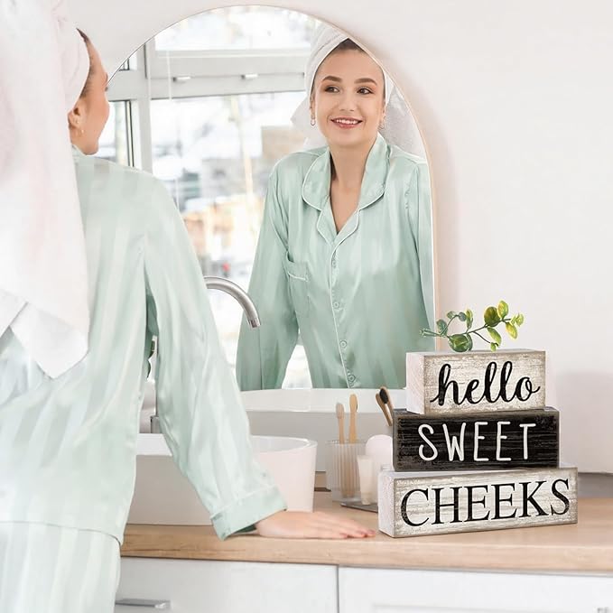 4 Pcs Bathroom Shelf Decor Hello Sweet Cheeks Sign Farmhouse Bathroom Decor and Accessories Rustic Eucalyptus Leaves Wood Block Sign Gift Sweet Home Table Centerpiece for Home Office
