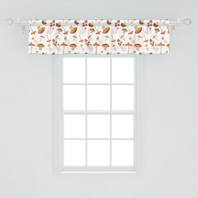 Ambesonne Autumn Window Valance, Colorful Mushroom Pattern Woodland Illustration Fall Season Romance, Curtain Valance for Kitchen Bedroom Decor with Rod Pocket, 42" x 12", Brown