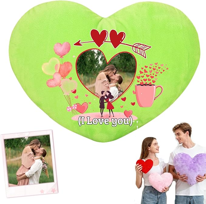 Custom Heart Pillow with Photo Text, Personalized Heart Shaped Pillow with Insert as Valentine Pillows Home Decor Personalized Gifts for Husband Wife Kids Family on Valentines Day Anniversary