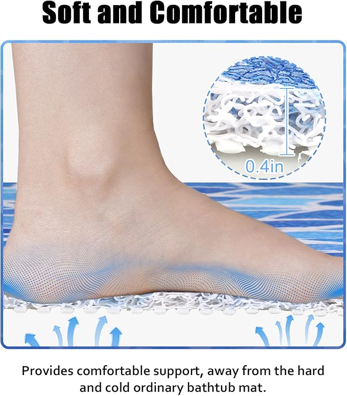 Bathtub Mat Shower Mat Non-Slip, 16x 39 Inch, Soft Comfort Bath Mat with Drainage Holes, PVC Loofah Massage Bathmat for Shower, Tub, Bathroom, Wet Areas, Quick Drying
