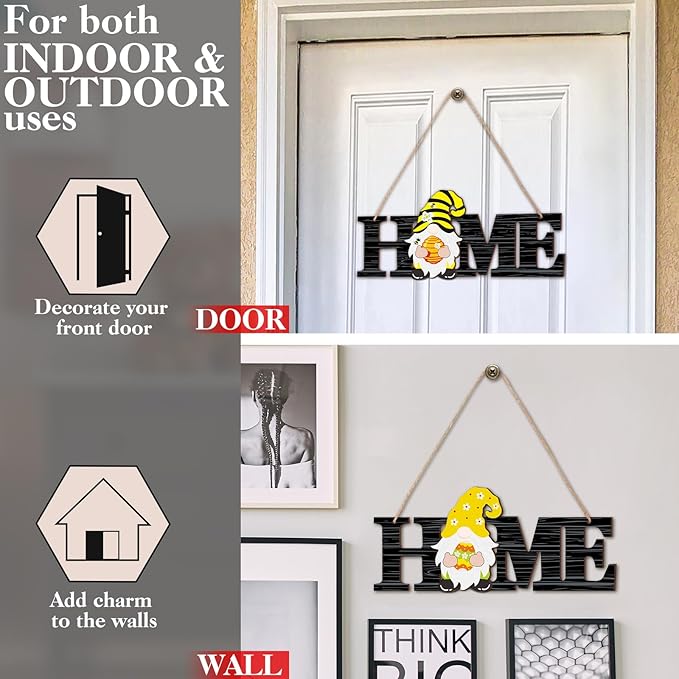 Yookeer 13 Pcs Interchangeable Gnome Home Sign Wood 3D Christmas Winter Seasonal Door Decor Rustic Farmhouse Home Decoration for Holiday Wall Decor Gift(Black and White Stripes)