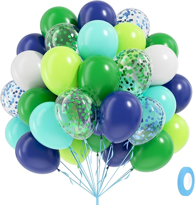 60pcs Blue and Green Balloons 12inch, Navy Blue Lime Green Teal White Confetti Balloons for Dinosaur Baby Shower Birthday Party Decorations