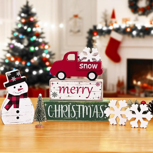 Yinhua Christmas Decorations Indoor, Christmas Table Decor, Red Truck Snowman Decorations with Xmas Tree & Snowflakes, Farmhouse Wooden Block Sign, Xmas Mantel Decor for Tiered Tray, Desk, Bookshelf