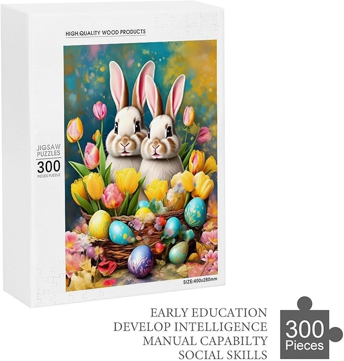 Wooden Puzzle - Easter Tulips Bunny Jigsaw Puzzles，Wooden Puzzles for Adults 300 Pieces Unique Gifts for Wall Art，Challenge Puzzles，Educational Games，Family Puzzles
