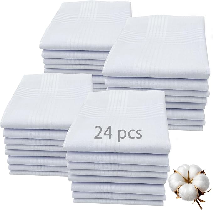 24 PCS 16'' x 16''Handkerchiefs for men 100% Soft Cotton White Hankie handkerchief bulk father's day gifts (24pcs 16'' x 16'')