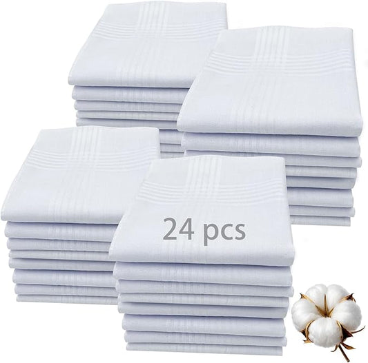 24 PCS 16'' x 16''Handkerchiefs for men 100% Soft Cotton White Hankie handkerchief bulk father's day gifts (24pcs 16'' x 16'')
