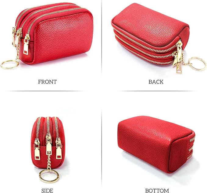 LINNO 3 Zippered Genuine Leather Coin Purse Triple Capacity Change Pouch Little Travel Wallet With Key Ring for Women
