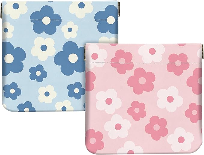 2Pcs PU Leather Small Squeeze Coin Purse Pouch Mini coin Bag Unique And Cute Wallet Cosmetic Bags Change Bag For Women Girls Men （Blue and Pink Flowers