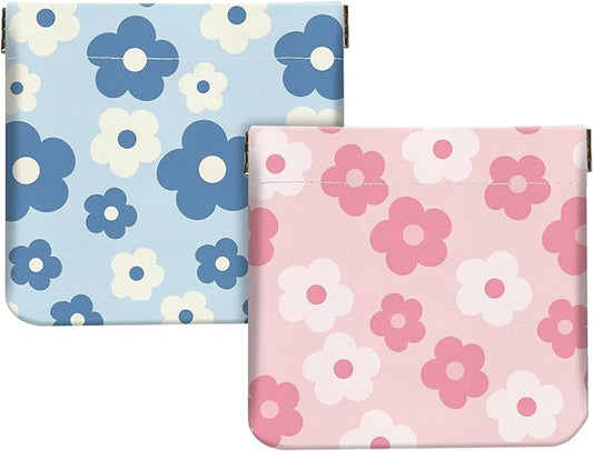 2Pcs PU Leather Small Squeeze Coin Purse Pouch Mini coin Bag Unique And Cute Wallet Cosmetic Bags Change Bag For Women Girls Men （Blue and Pink Flowers