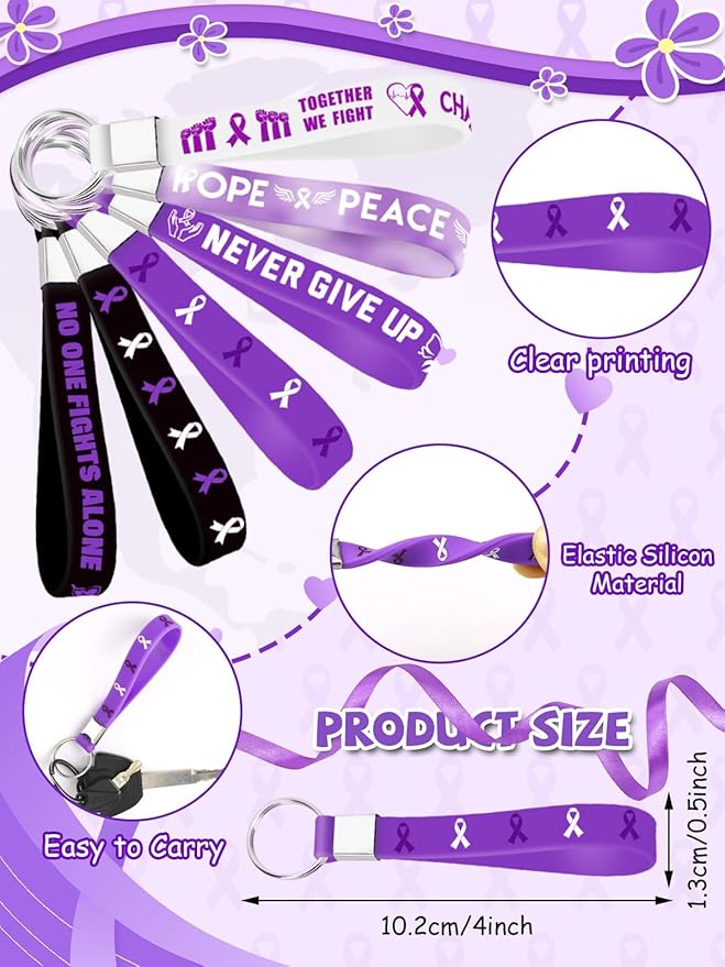 36pcs Purple Ribbon Awareness Silicone Keychains Inspirational Motivational Rubber Keychains for Lupus Domestic Violence Epilepsy Pancreatic Cancer Alzheimers Awareness Party Supplies