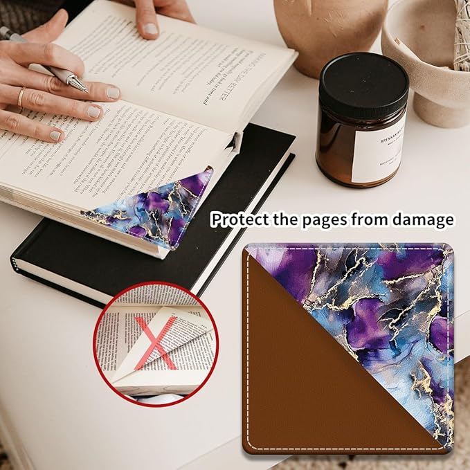 Cute Leather Bookmarks, Fun Triangle Making Corner Bookmark, Book Accessories for Reading Book Lovers, Unbreakable Page Markers for Women Men Luxury Blue Purpler Marble