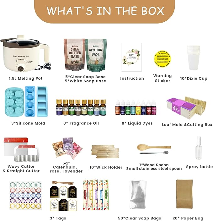 LFISGNN Deluxe Soap Making Kit for Adults DIY Soaps, DIY Soap Making Supplies Kits with Soap Melting Pot, Natural Soap Base, 8 Essential Oils, 8 Dyes, 4 Soap Molds, Packing and Supplies for Begineers