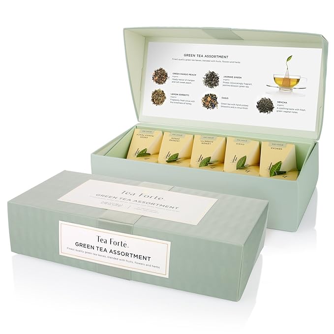 Tea Forte Premium Petite Presentation Box Gift Set Sampler, 10 Count, 2 of Each Blend Individually Wrapped Handcrafted Pyramid Infuser Bags, Green Tea