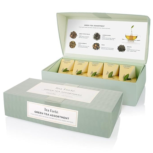 Tea Forte Premium Petite Presentation Box Gift Set Sampler, 10 Count, 2 of Each Blend Individually Wrapped Handcrafted Pyramid Infuser Bags, Green Tea