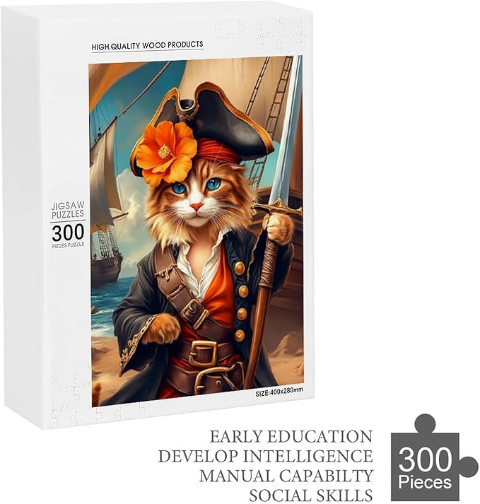 Wooden Puzzle - Classic Pirate Cat Leader Jigsaw Puzzles，Wooden Puzzles for Adults 300 Pieces Challenge Puzzles，Educational Games，Family Puzzles，Unique Gifts for Wall Art