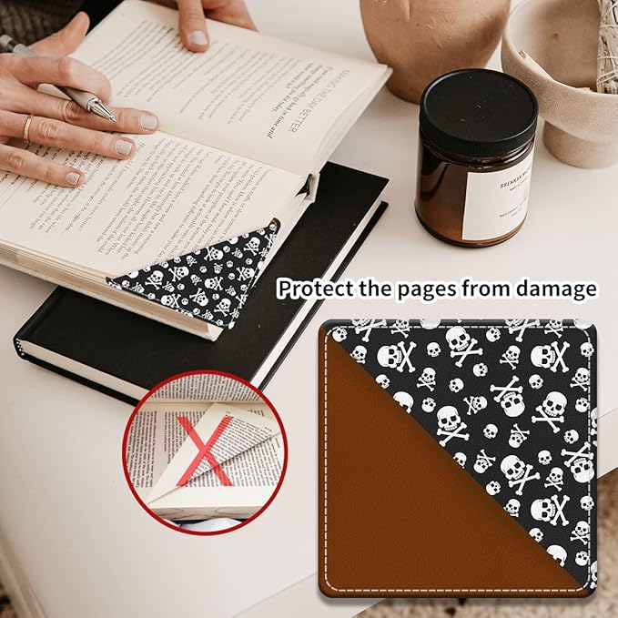 Cute Leather Bookmarks, Fun Triangle Making Corner Bookmark, Book Accessories for Reading Book Lovers, Unbreakable Page Markers for Women Men Cool Skull Pattern