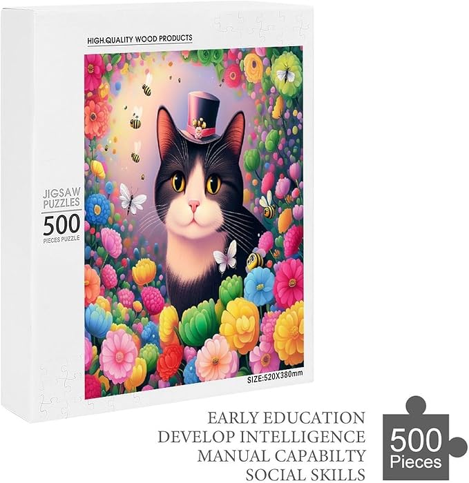 Wooden Puzzles 500 Piece，Cat Portrait Themed Jigsaw Puzzles，Educational Games，Family Puzzles，Unique Gifts for Wall Art，Funny Puzzles，Stress Relief Games，Puzzle Games