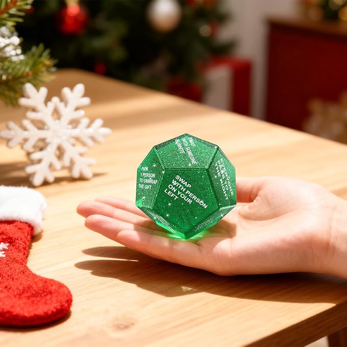 Santa Swap Gift Exchange Dice, Xmas Stocking Stuffers 2025, Snowflake Exchange Game, 12 Sided Dice for Holiday Parties, Family Gatherings & Office Events with Themed Gameplay Actions