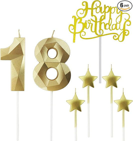 Golden Number 18 Birthday Candles and Star Birthday Candles, 2.76 inch, 3D Diamond Shaped, Suitable for Birthday Parties and Anniversary Cake Decorations
