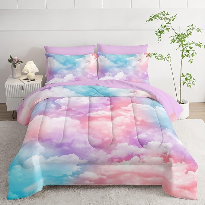 7Pcs Comforter Set Colorful Clouds Printed Bedding Set with 1 Comforter, 1 Flat Sheet, 1 Fitted Sheet and 4 Pillowcases for Boys and Girls Bedroom All Season(Queen)