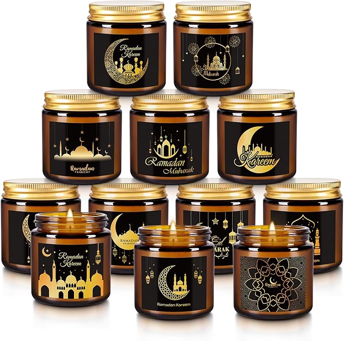 12pack Ramadan Scented Candles 3.5oz Soy Wax，Muslim Islamic Party Favors Gifts Glass Jar Candles for Home Happy Eid Festival Decor(Brown,Pattern)