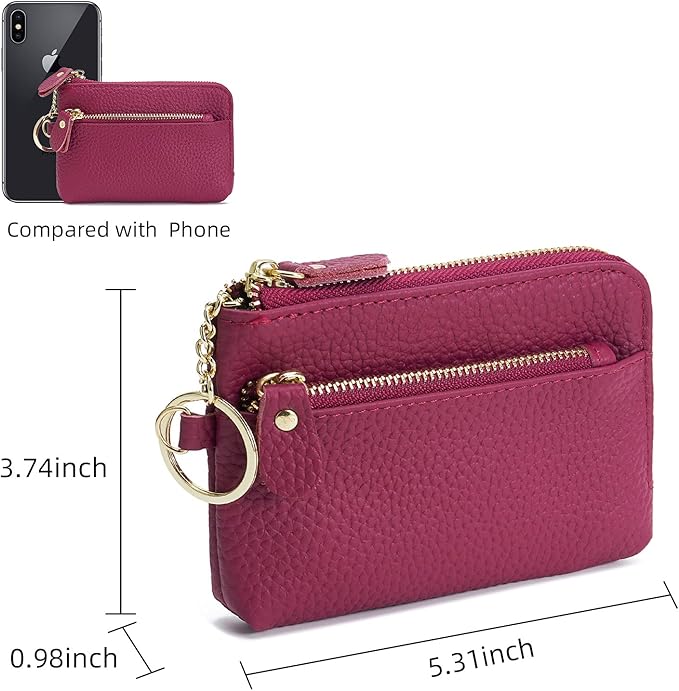Genuine Leather Coin Purse for Women with Large Opening & Wrist Strap Navy (Rose)