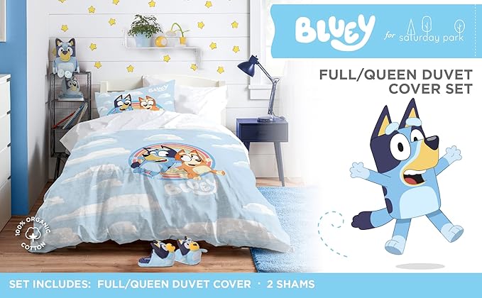 Saturday Park Bluey and Bingo Rainbow Clouds Full/Queen Duvet Cover & Sham Set - 3 Piece 100% Organic Cotton Duvet Set - GOTS & Oeko-TEX Certified