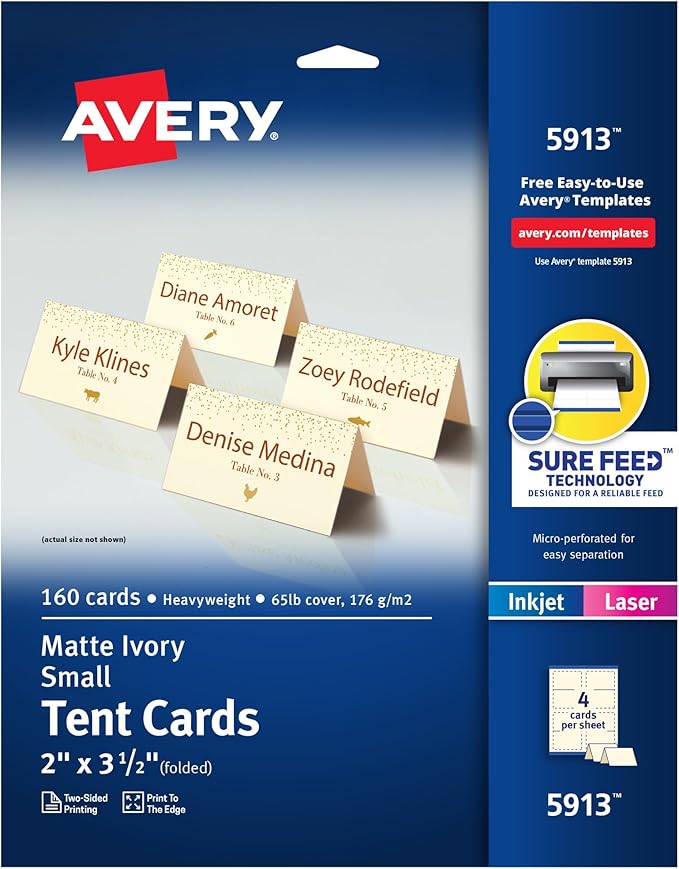 Avery Printable Tent Cards with Sure Feed Technology, 2" x 3.5", Ivory, 160 Blank Place Cards for Laser or Inkjet Printers (5913)