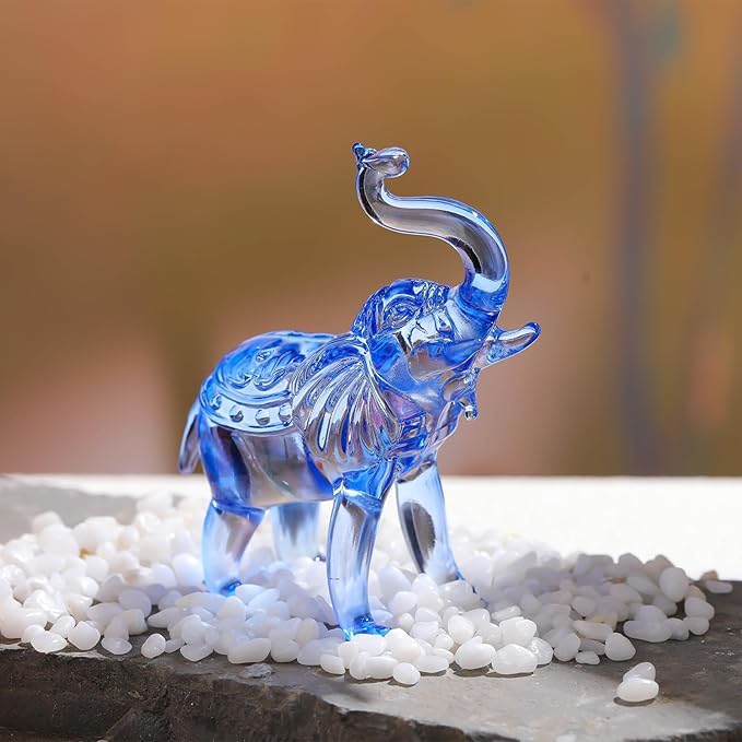 Crystal Elephant Figurine, Glass Statue Gifts, Crystal Animals Collectible Tabletop Decoration Elephant Sculpture with Trunk Up (Blue)
